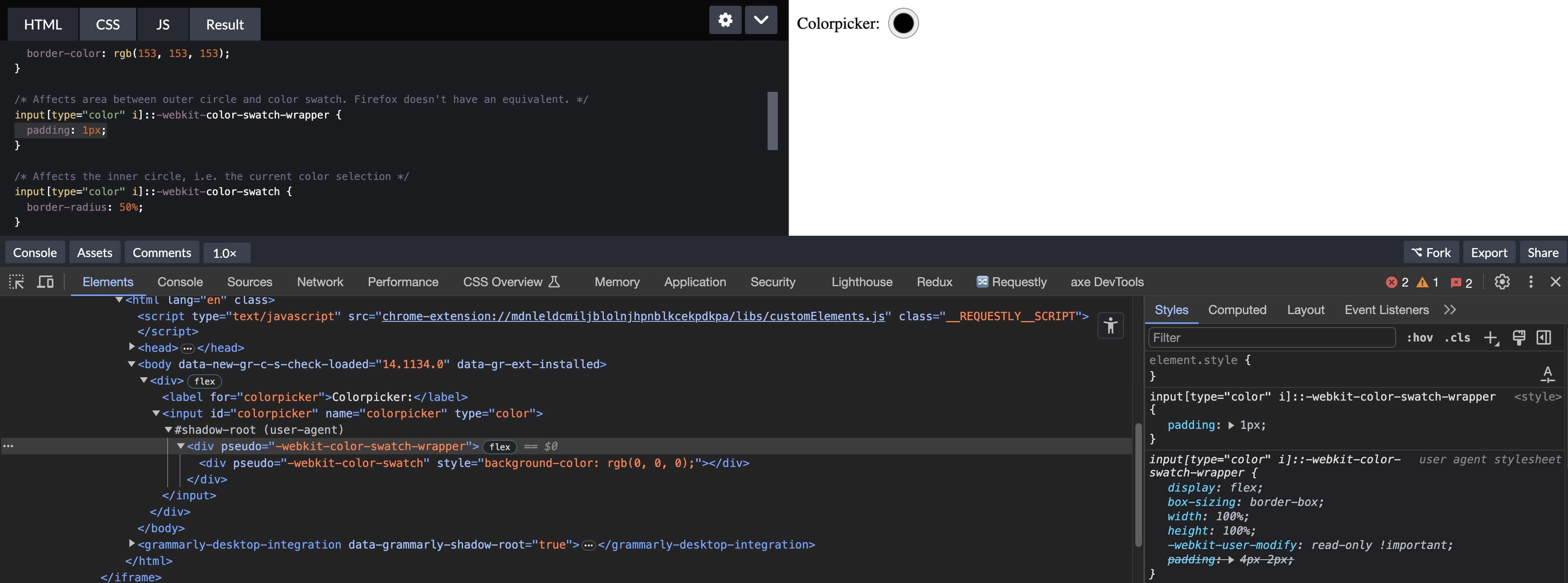 Screenshot of color input in Chrome with adjusted padding for -webkit-color-swatch-wrapper pseudoclass